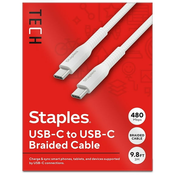 Staples TECH USB-C to USB-C Charging Cable 9.8 ft. White (ST62336)