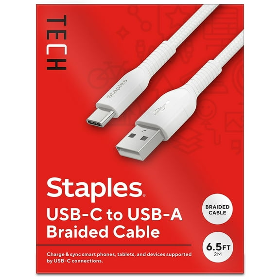 Staples TECH USB-C to USB-A Charging Cable 6.5 ft. White (ST62338)