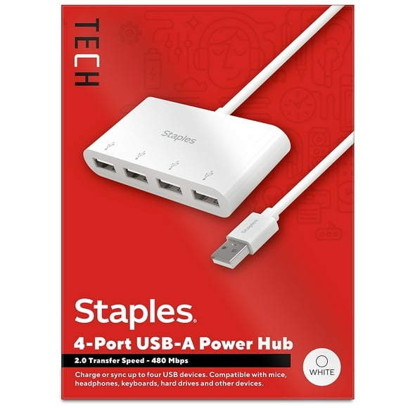 Staples TECH 4-Port USB 2.0 Hub White (ST62376)