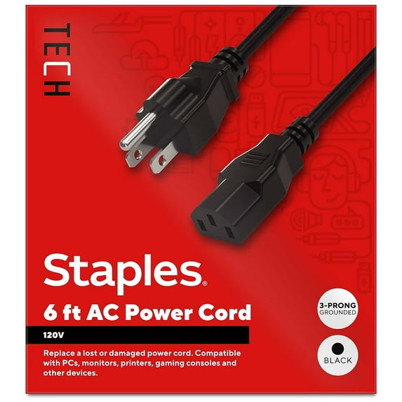 Staples TECH 6 ft. AC Power Cord Male to Male Black (ST62398)