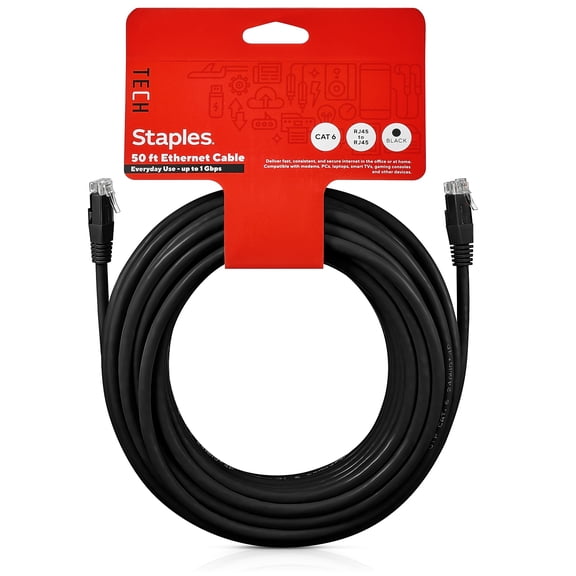 Staples TECH 50' Cat-6 Ethernet Cable Male to Male Black (ST62448)