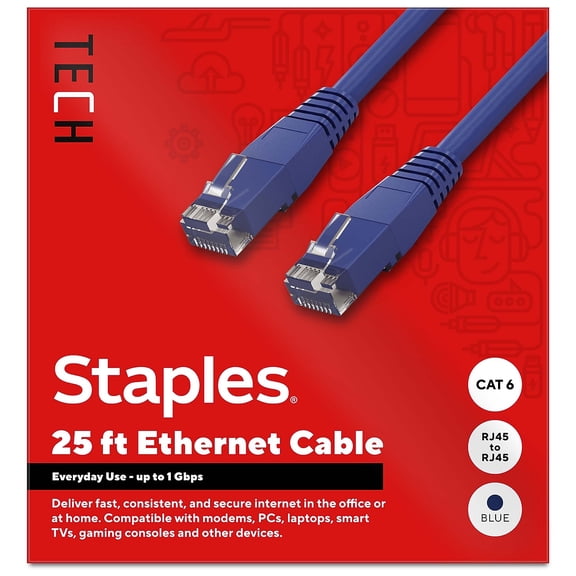 Staples TECH 25 ft. Cat-6 Ethernet Cable Male to Male Blue (ST62451)