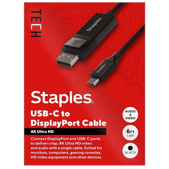Staples TECH 6 ft. USB-C to DisplayPort Audio/Video Cable Male to Male Black (ST62471)