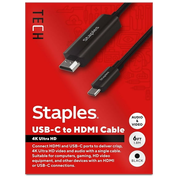 Staples TECH 6 ft. USB-C to HDMI Audio/Video Cable Male to Male Black (ST62472)