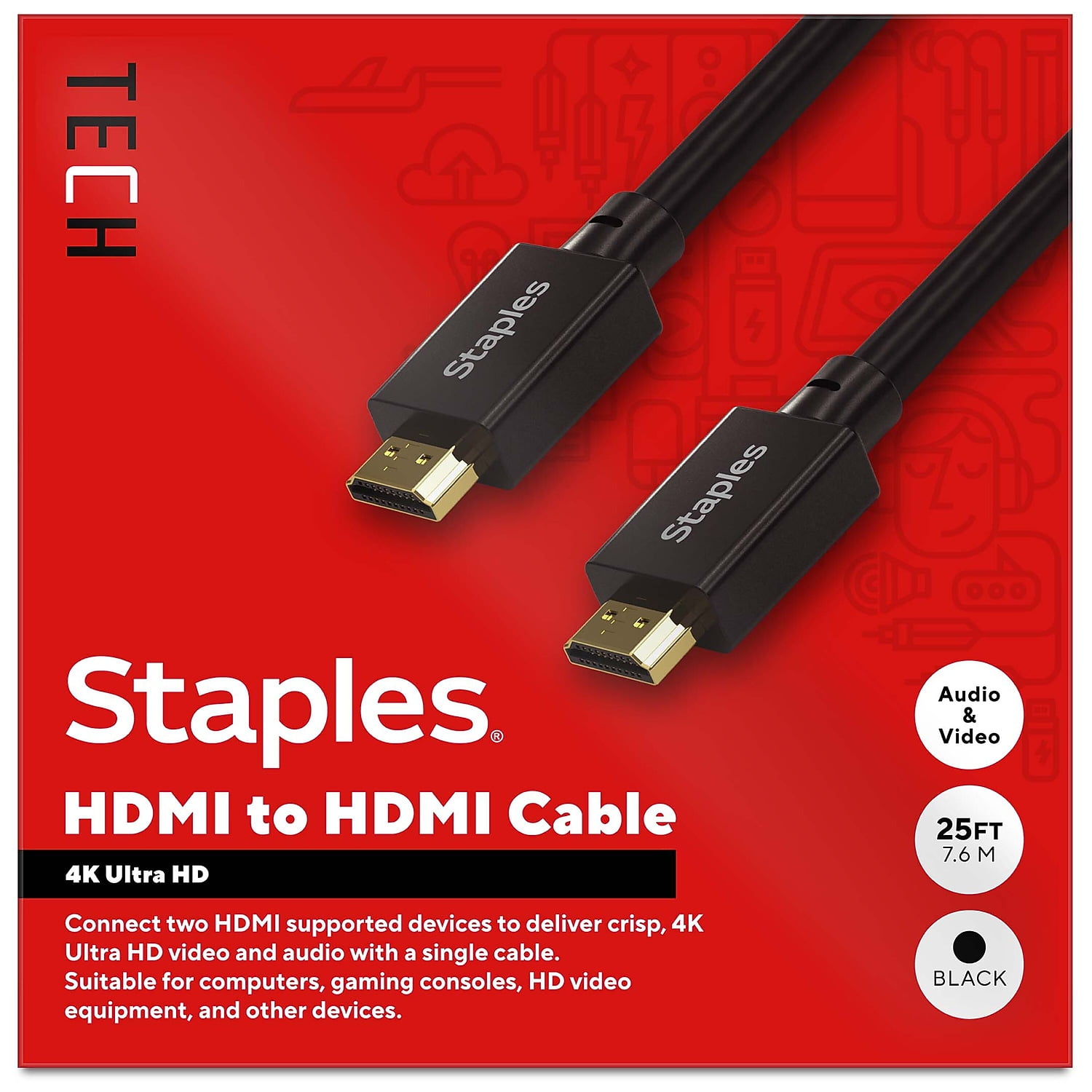 Staples TECH 25 ft. HDMI to HDMI Audio/Video Cable Male to Male Black (ST62476)