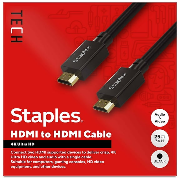 Staples TECH 25 ft. HDMI to HDMI Audio/Video Cable Male to Male Black (ST62476)