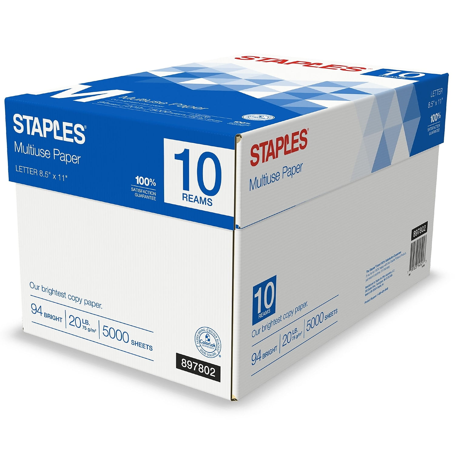 Staples Select 8.5" x 11" Copy Paper 20 lbs 94 Brightness 500/RM 10 RM/CT 20472-US