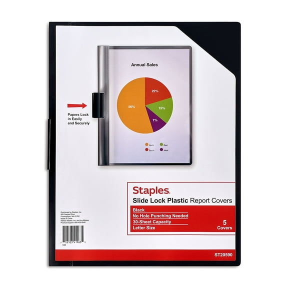 Staples Slide Locking Report Covers Letter Black 5/Pack (20590)