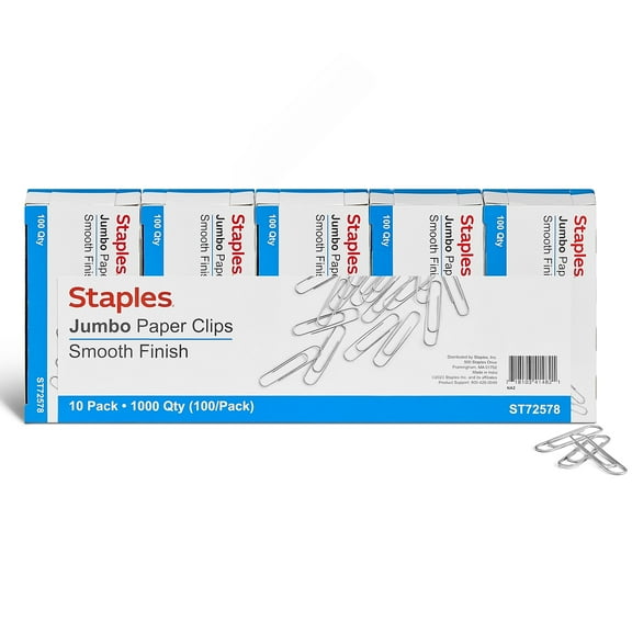 Staples Smooth Paper Clips Jumbo Silver 100/Box 10 Boxes/Pack (A7026605/72578) ST72578/A70266