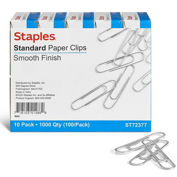 Staples Smooth Paper Clips Silver 100/Box 10 Boxes/Pack (A7026607/72377) ST72377/A70266