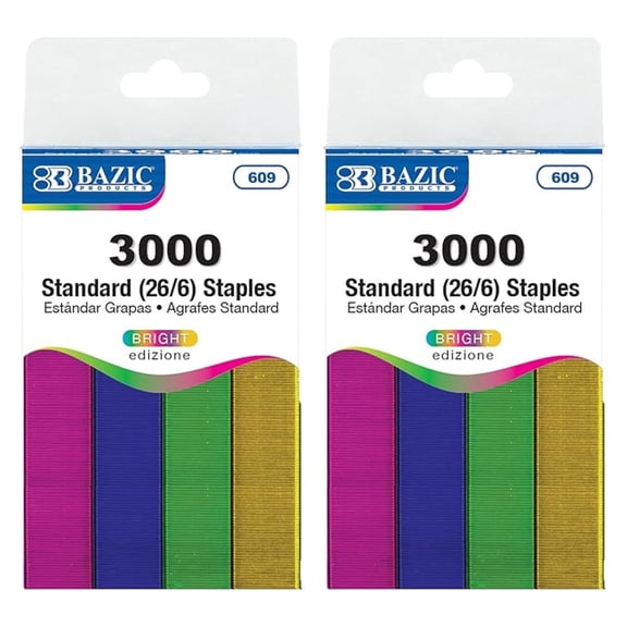 Staples Standard (26/6) Metallic Color 3000/Pack, Stapler Refill Standard Size Staple, Assorted Colors, 2-Packs