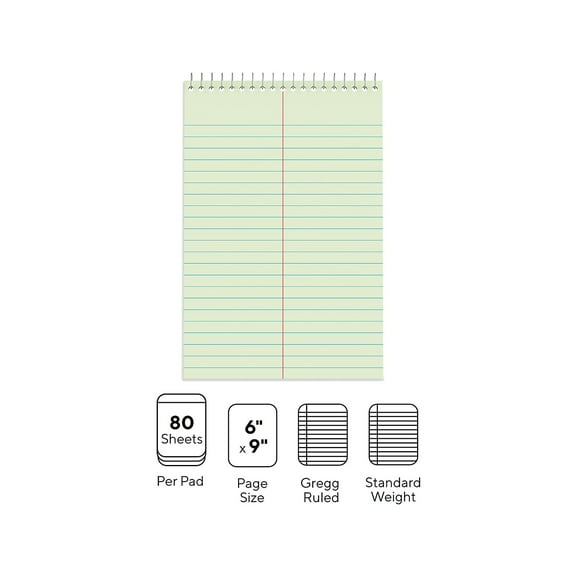 Staples Steno Pads 6" x 9" Gregg Ruled Green 80 Sheets/Pad 24/Carton ST57353/TR573VS