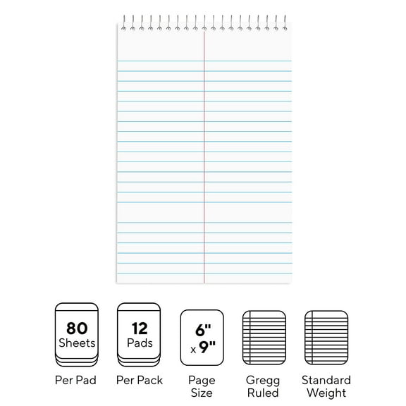Staples Steno Pads 6" x 9" Gregg Ruled White 80 Sheets/Pad 24/Carton ST57354/TR573VS