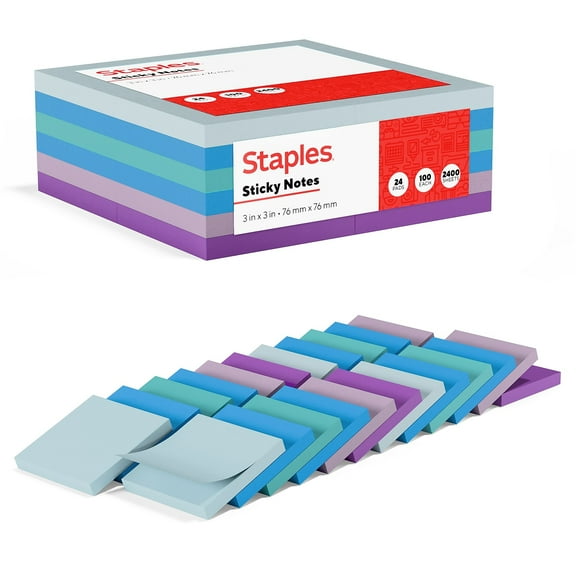 Staples Stickies Notes 3" x 3" Watercolor 100 Sh./Pad 24 Pads/PK (52227) S-33WC24
