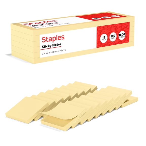 Staples Stickies Recycled Notes Blank 3" x 3" Yellow 18 Pads/PK (S-33YR18) 860852