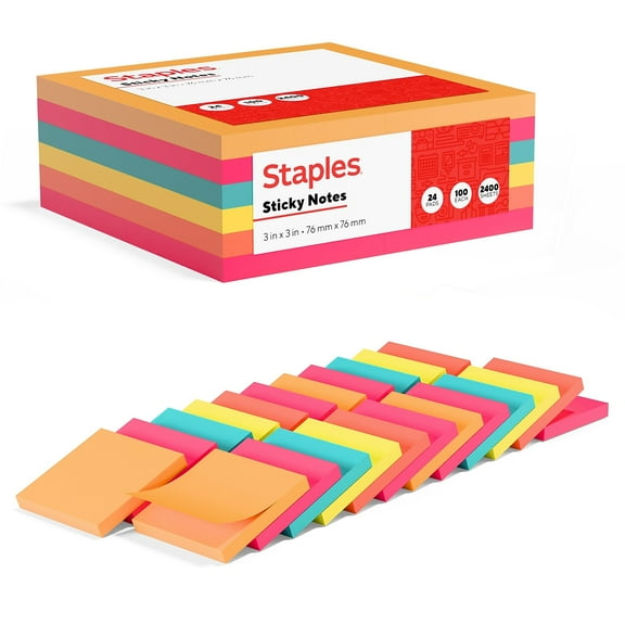 Staples Stickies Standard Notes 3" x 3" Assorted 100 Sh./Pad 24 Pads/PK 24295902