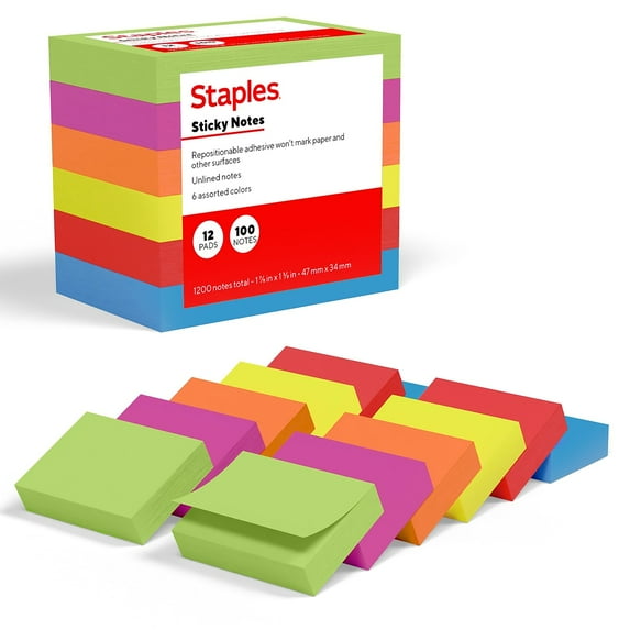 Staples Sticky Notes 1 3/8" x 1 7/8" Summer Breeze Collection 100 Sheets/Pad 12 Pads/Pack (ST62862)