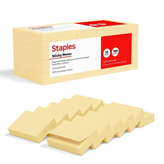 Staples Sticky Notes 1 3/8" x 1 7/8" Sunshine Collection 100 Sheets/Pad 12 Pads/Pack (ST62864)