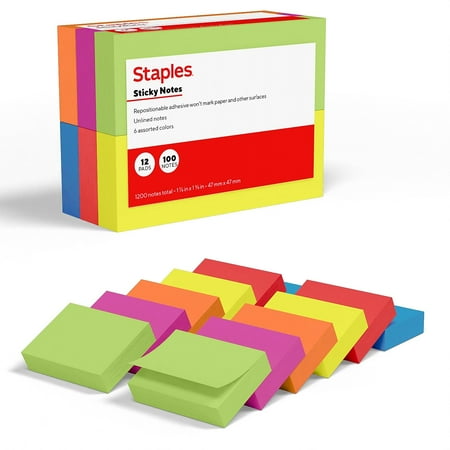 Staples Sticky Notes 1 7/8" x 1 7/8" Summer Breeze Collection 100 Sheets/Pad 12 Pads/Pack (ST62866)