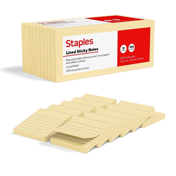 Staples Sticky Notes 3" x 3" Sunshine Collection Lined 100 Sheets/Pad 12 Pads/Pack (ST62869)