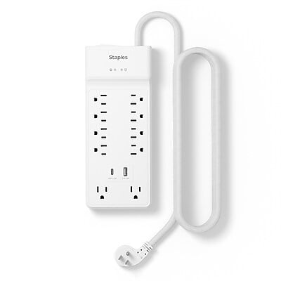 Staples TECH 10-Outlet 2-USB Port Surge Protector, 6', 3000 Joules, White (ST62776)