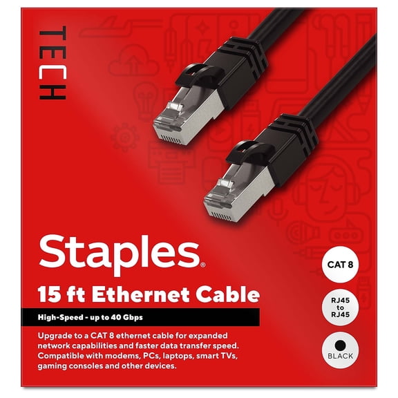 Staples TECH 15 ft. Cat-8 Ethernet Cable Male to Male Black (ST62464)