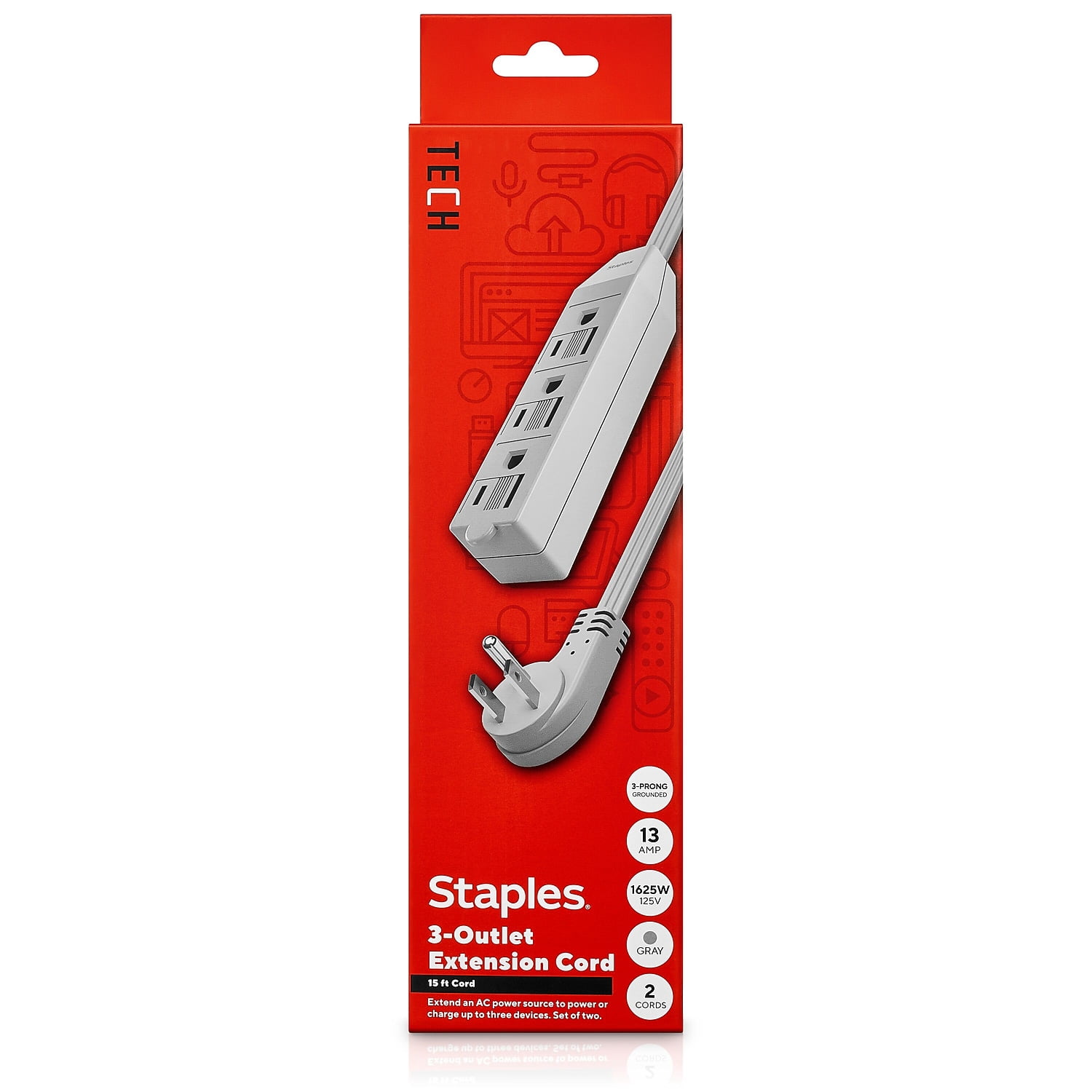 Staples TECH 15' Extension Cord 3-Outlet 16 AWG Gray 2/Pack (ST62347)