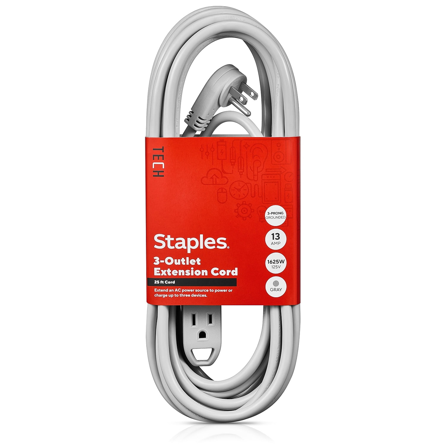 Staples TECH 25' Extension Cord 3-Outlet 16 AWG Gray 2/Pack (ST62346 ...
