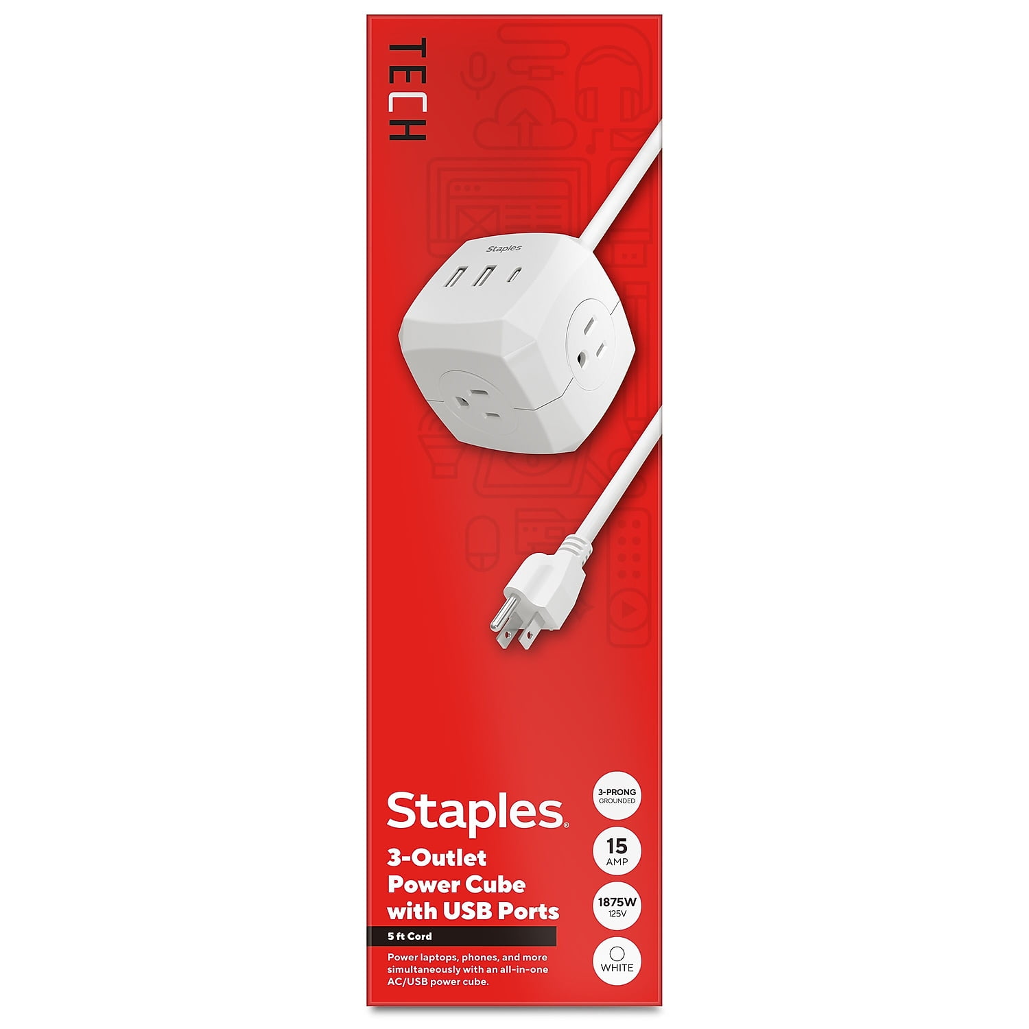 Staples TECH 5' Extension Cord 3-Outlet 14 AWG White (ST62348)