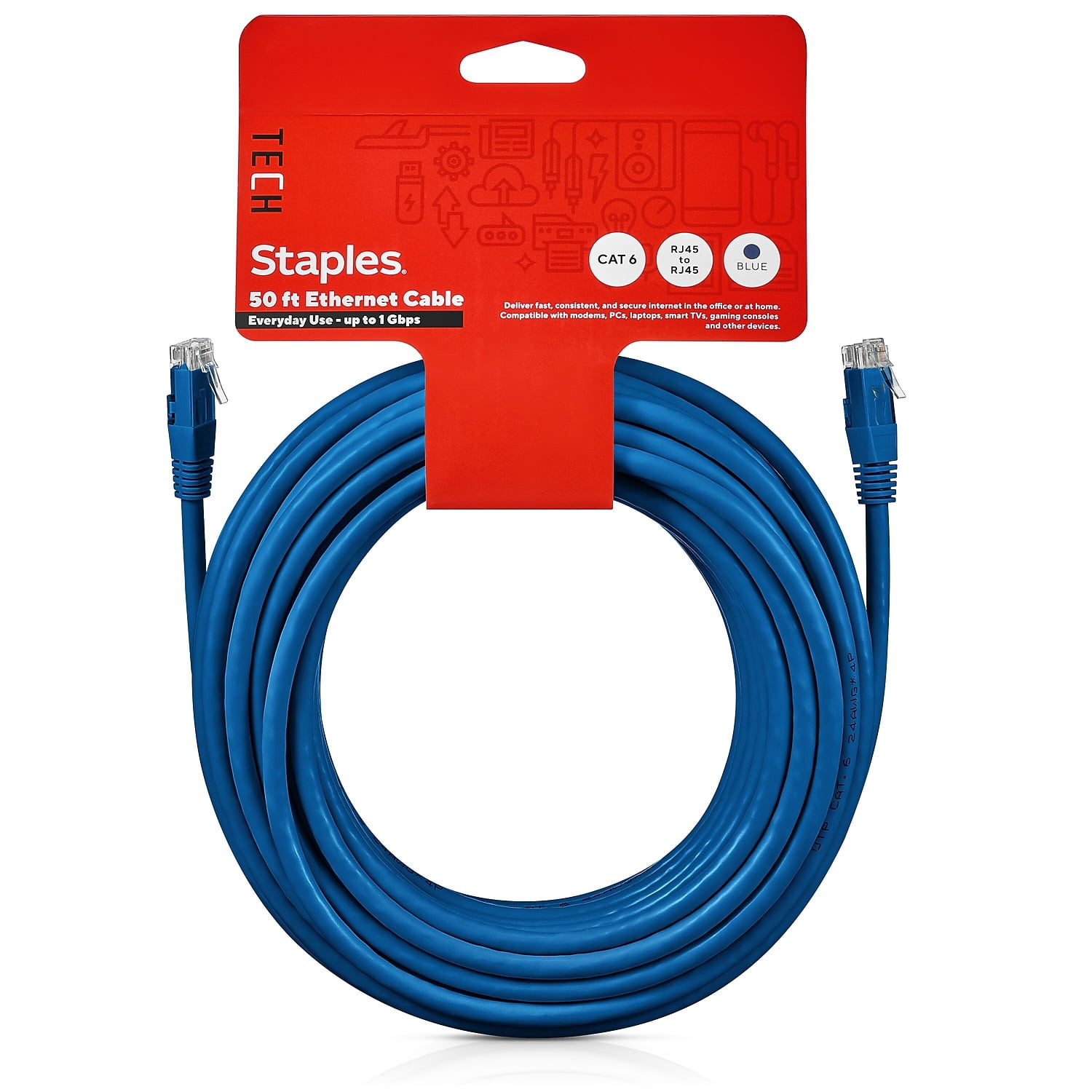 Tech Cable 00 Staples TECH 50' Cat-6 Ethernet Cable Male to Male Blue (ST62450 ...