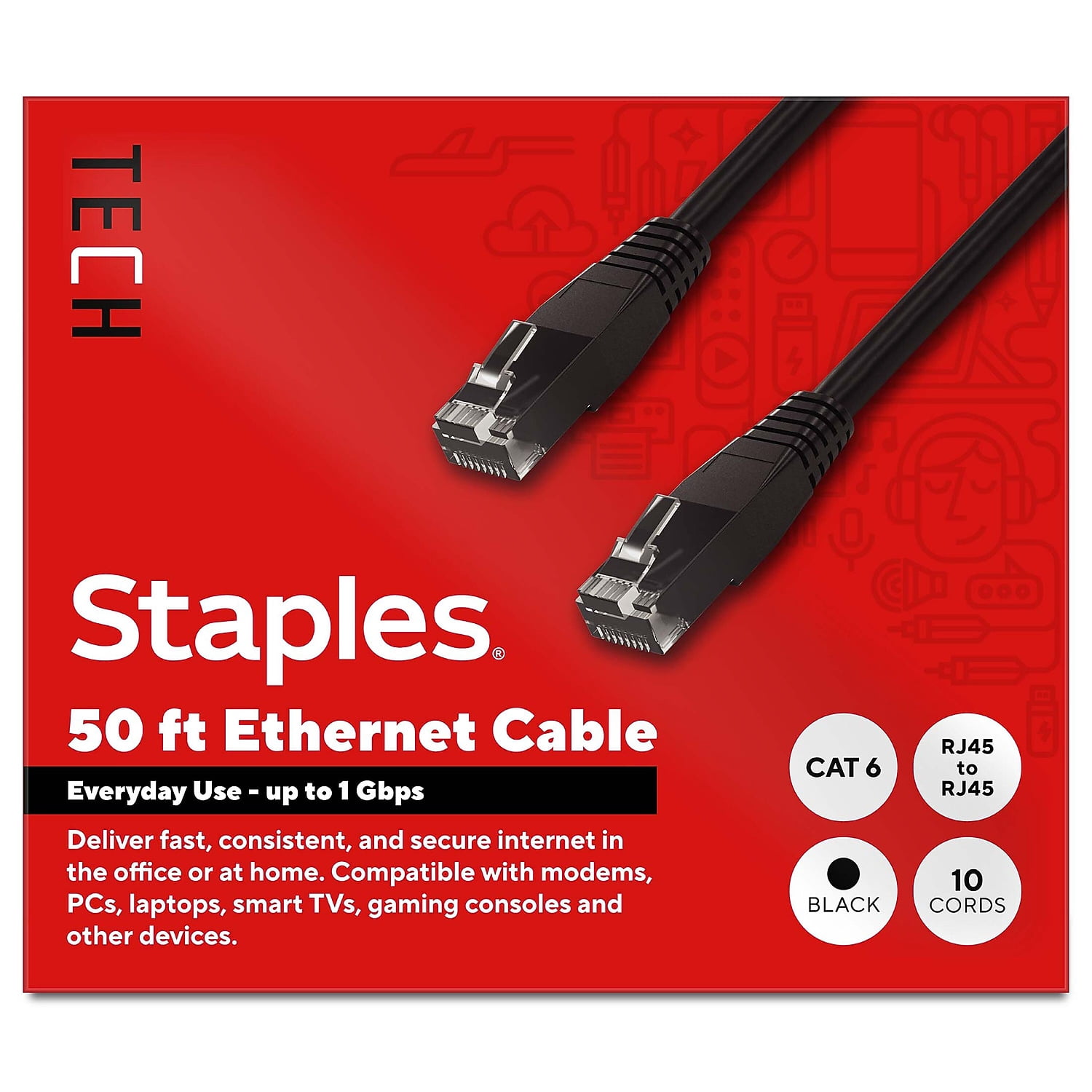 Staples TECH 50 ft. Cat-6 Ethernet Cable Male to Male Black 10/Pack (ST62459)