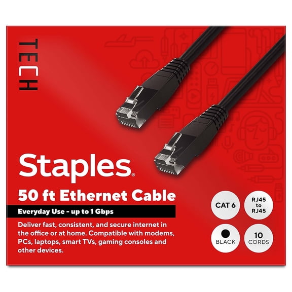 Staples TECH 50 ft. Cat-6 Ethernet Cable Male to Male Black 10/Pack (ST62459)