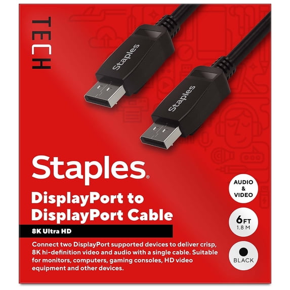 Staples TECH 6 ft. Display Port to Display Port Audio/Video Cable Male ...