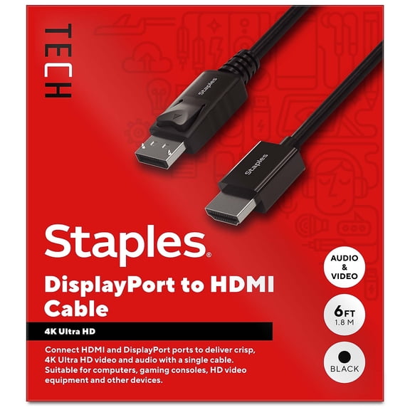 Staples TECH 6 ft. DisplayPort to HDMI Audio/Video Cable Male to Male Black (ST62466)