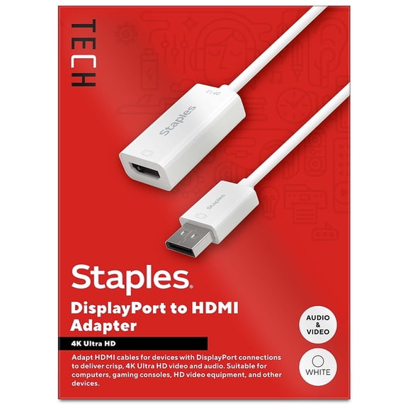 Staples TECH DisplayPort to HDMI Audio/Video Adapter Male to Female White (ST62362)