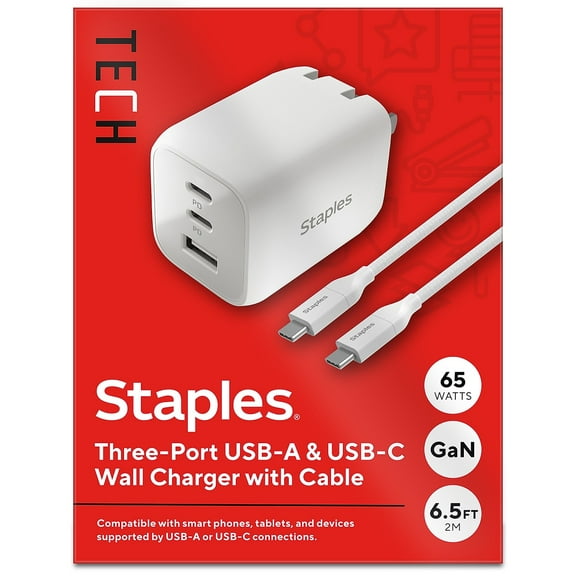 Staples TECH GaN USB-A/USB-C Wall Charger with Cable 65W White (ST62326)