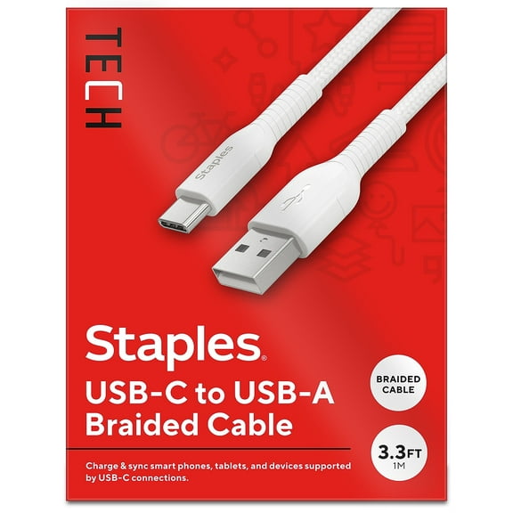 Staples TECH USB-C to USB-A Charging Cable 3.3 ft. 480 Mbps White (ST62337)