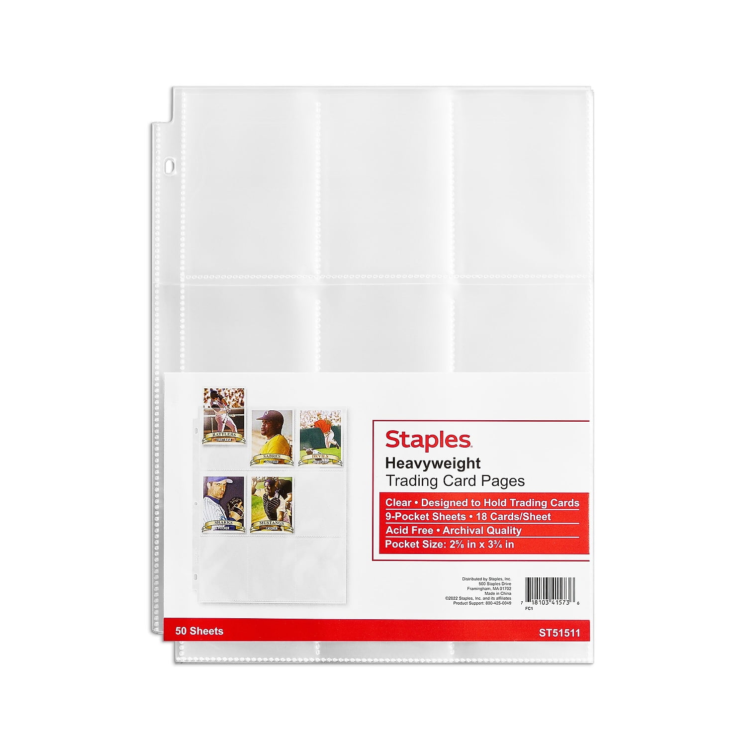 Staples Trading Card Pages 50PK, Binder Sheets Protectors, Three
