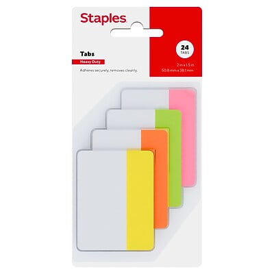 Staples Tab Flags, 2" Wide, Assorted Colors, 24 Tabs/Pack (ST62898)