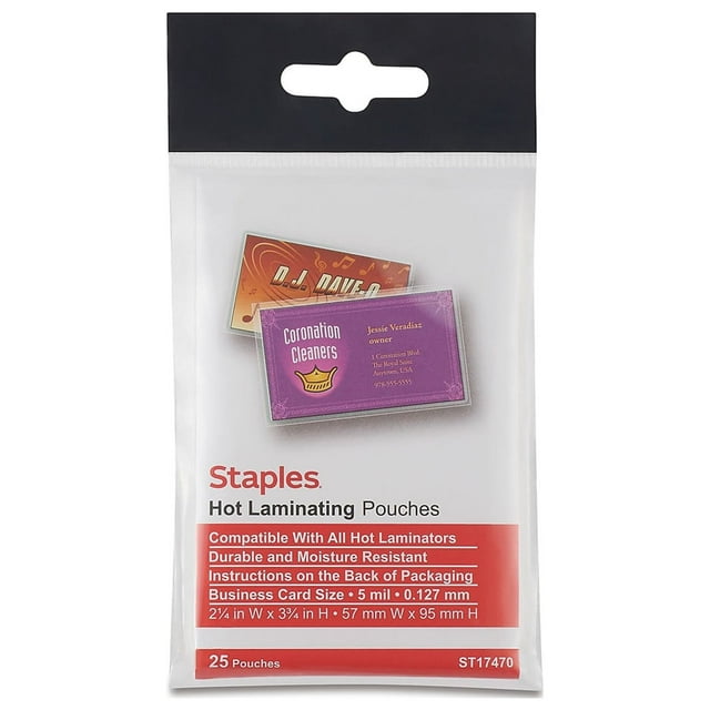 Staples Thermal Laminating Pouches Business Card 5 Mil 25/Pack (17470/ST17470)