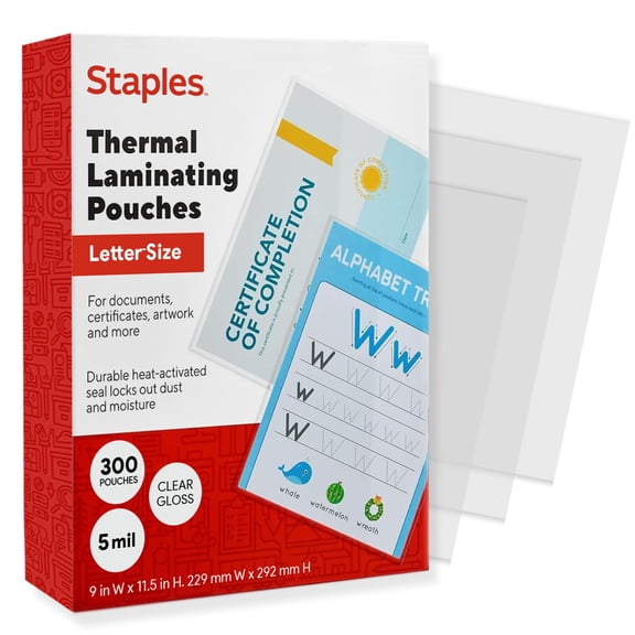 Staples Thermal Laminating Pouches, Letter Size, 9 x 11.5 Inches, 5 Mil, 300/Pack, for Heavy-Duty Document Protection