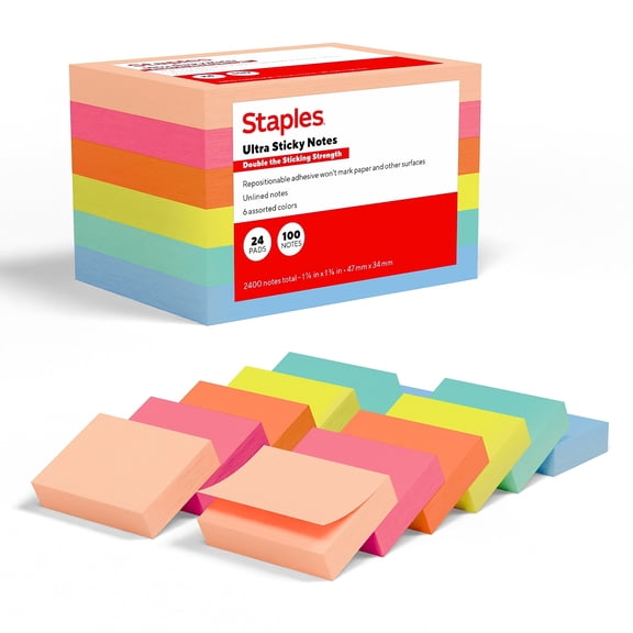 Staples Ultra Sticky Notes 1 3/8" x 1 7/8" Golden Hour Collection 100 Sheets/Pad 24 Pads/Pack
