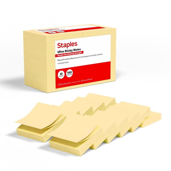 Staples Ultra Sticky Notes 1 7/8" x 1 7/8" Sunshine Collection 100 Sheets/Pad 12 Pads/Pack (ST62879)