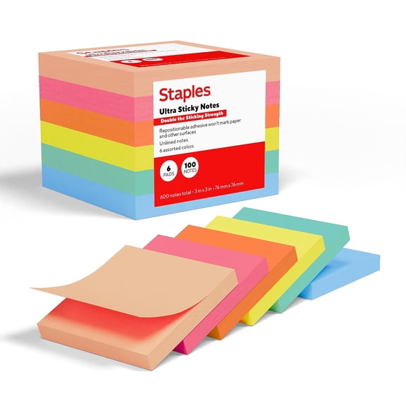 Staples Ultra Sticky Notes 3" x 3" Golden Hour Collection 100 Sheets/Pad 6 Pads/Pack (ST62886)