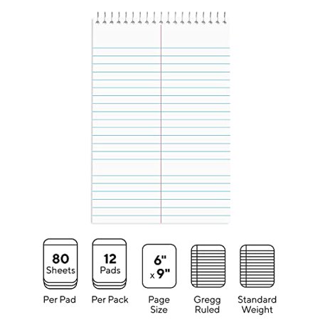Staples White Paper Steno Pads, Gregg Ruled, 6" x 9", 12/Pack