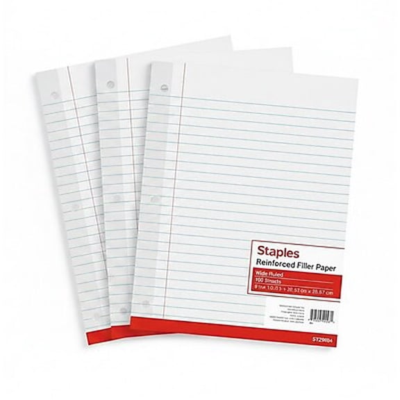 Staples Wide Ruled Filler Paper, 8" x 10.5", White, 100 Sheets/Pack, 3/Pack (ST23904G-3PK-VB)