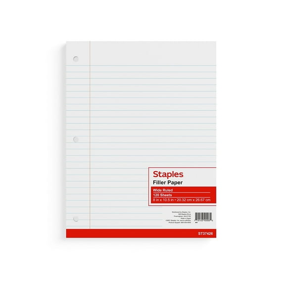 Staples Wide Ruled Filler Paper 8" x 10.5" White 120 Sheets/Pack 36 Packs/Carton (TR37426)