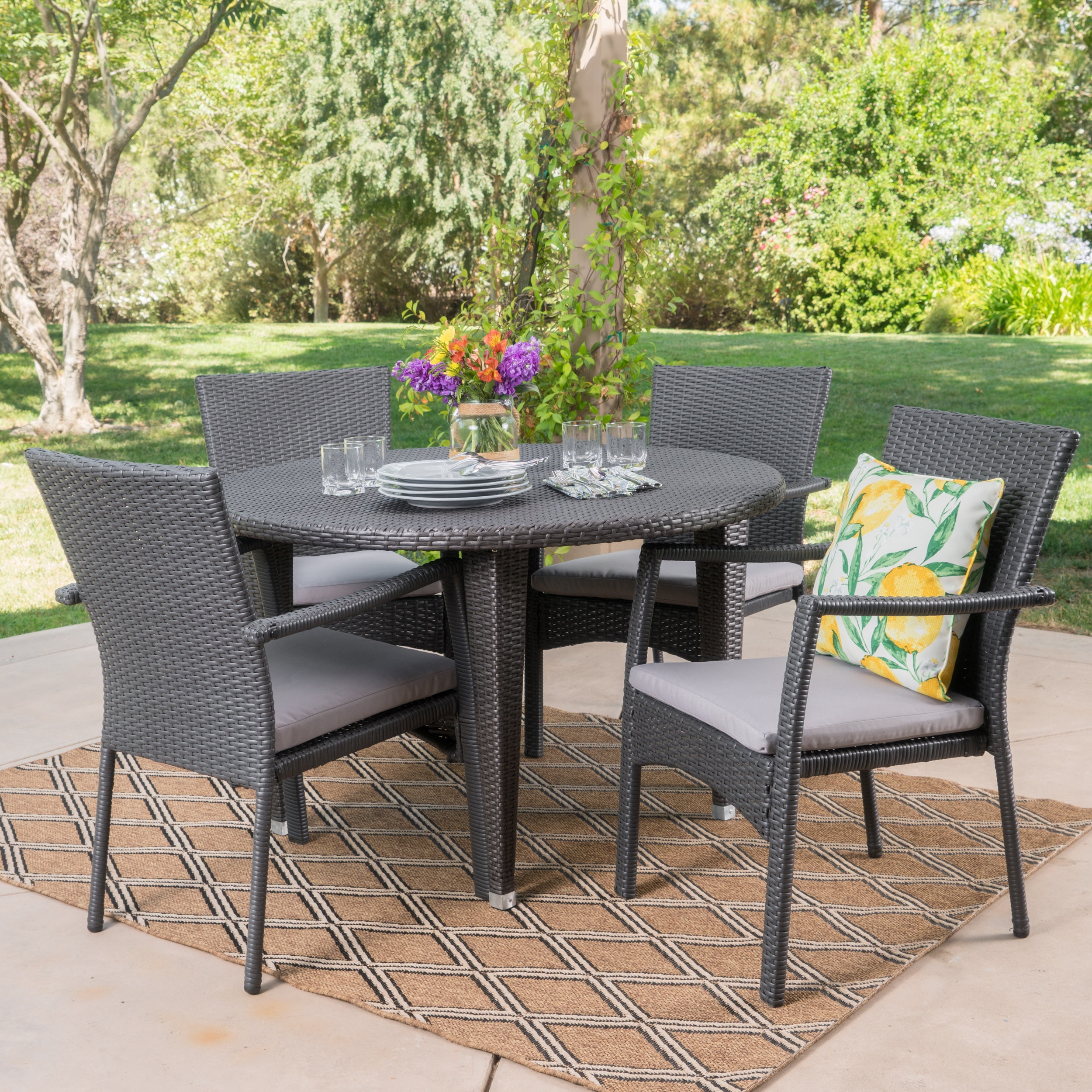 Stapleton Outdoor 5 Piece Wicker Circular Dining Set with Cushions