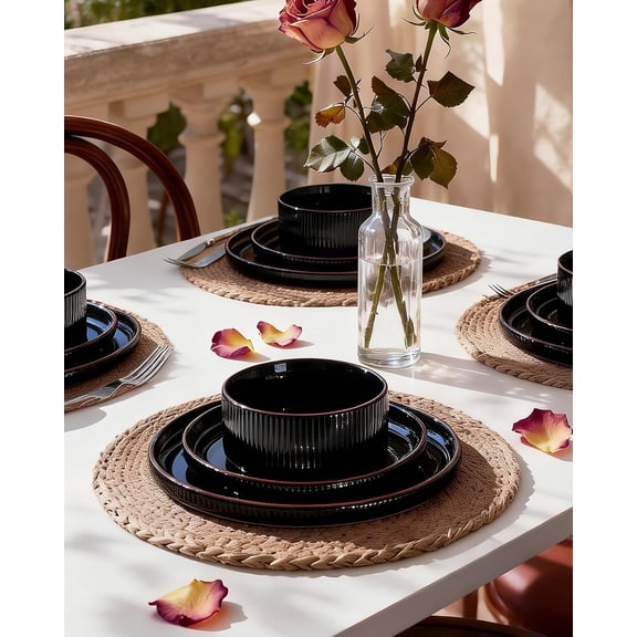 Star 12-Piece Porcelain Dinnerware Set for 4 with Rust-Red Rim and Vertical Stripes, Chip Resistant Dishwasher Microwave Safe Black