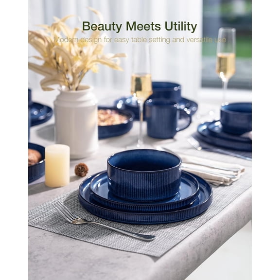 Star 12-Piece Stoneware Dinnerware Set for 4, Reactive Glaze Plates and Bowls, Modern Rustic Dishes for Everyday & Formal Use, Chip/Scratch Resistant, Microwave/Dishwasher Safe, Nebulas Blue